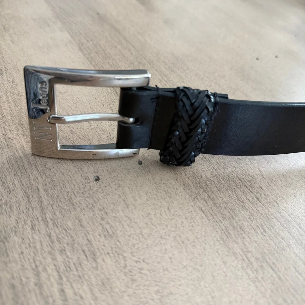 NY Jeans Womens Black Genuine Leather Belt Silver Buckle Braided Keeper Size L